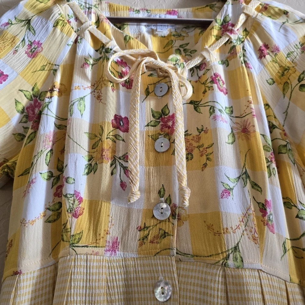 VTG Expo Mixed Print Midi Dress Yellow Gingham Floral Cottagecore Button Front 8